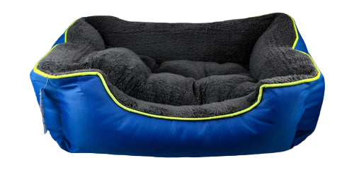 Blue and gray pet bed with yellow trim on a blue background