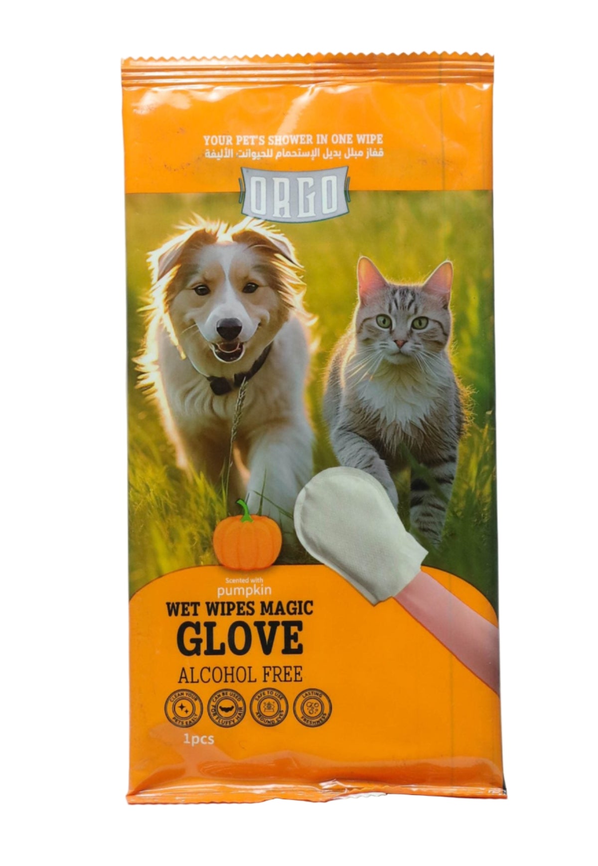 Packaging of a pet care product with a dog and cat on an orange background