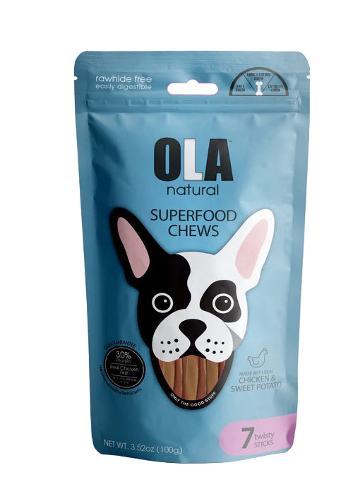 Package of OLA natural Superfood Chews for dogs on a white background
