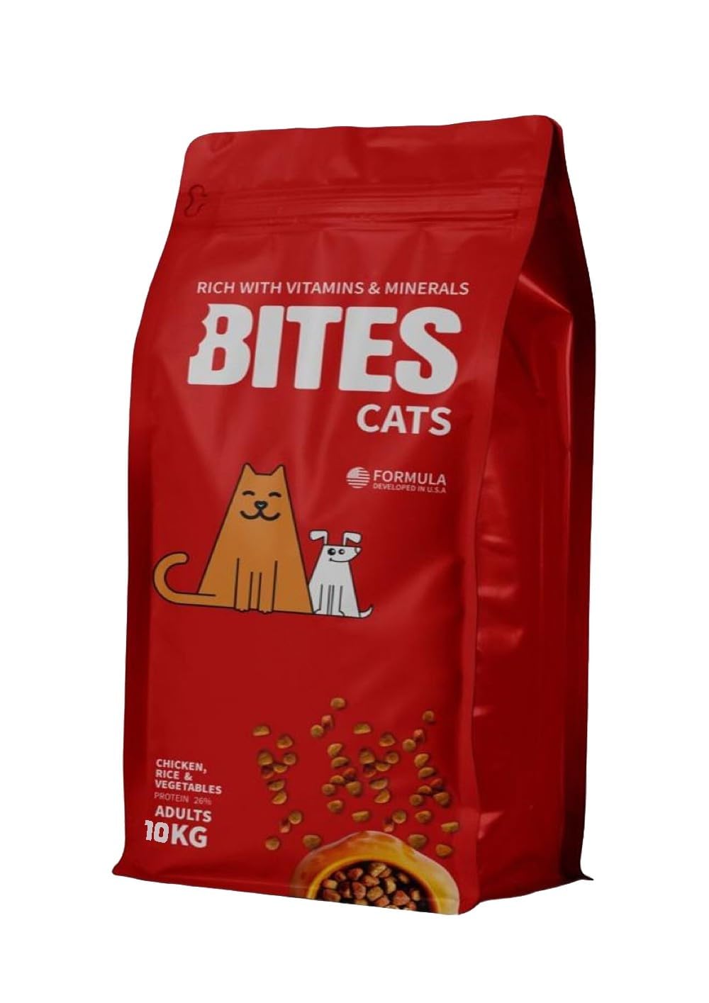 Bites Pawer Pets Adults Cats Dry Food, Chicken, Rice, And Vegetables - 10 Kg