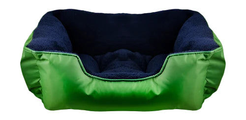 Green pet bed with blue interior on a green background
