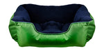 Green pet bed with blue interior on a green background