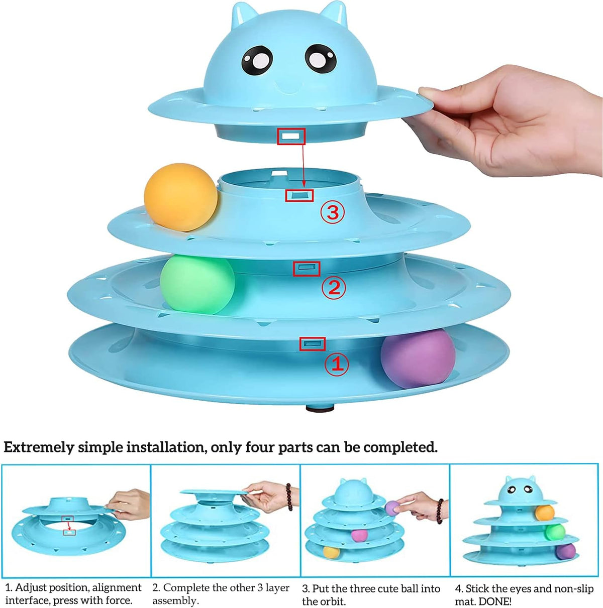 Cat Toy Roller 3-Level Turntable Cat Toy Balls With Three Colorful Balls Yellow and Blue