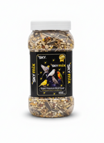 Jar of Sky Mix bird food on a white background