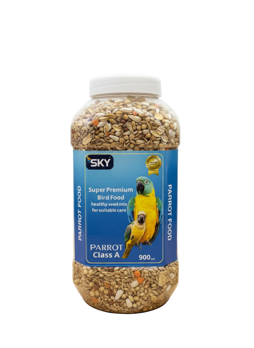 Bottle of Sky Parrot Food on a wooden surface with a white background