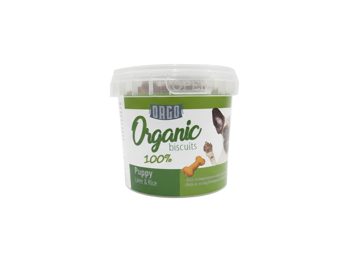 Container of Oreo Organic Biscuits for puppies on a white background