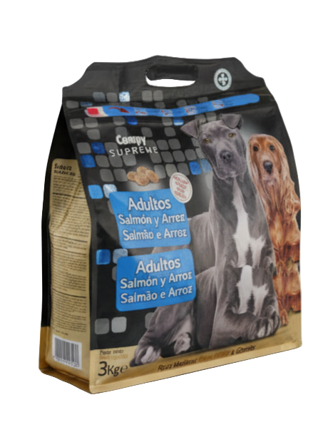 Dog food package with images of dogs on a white background