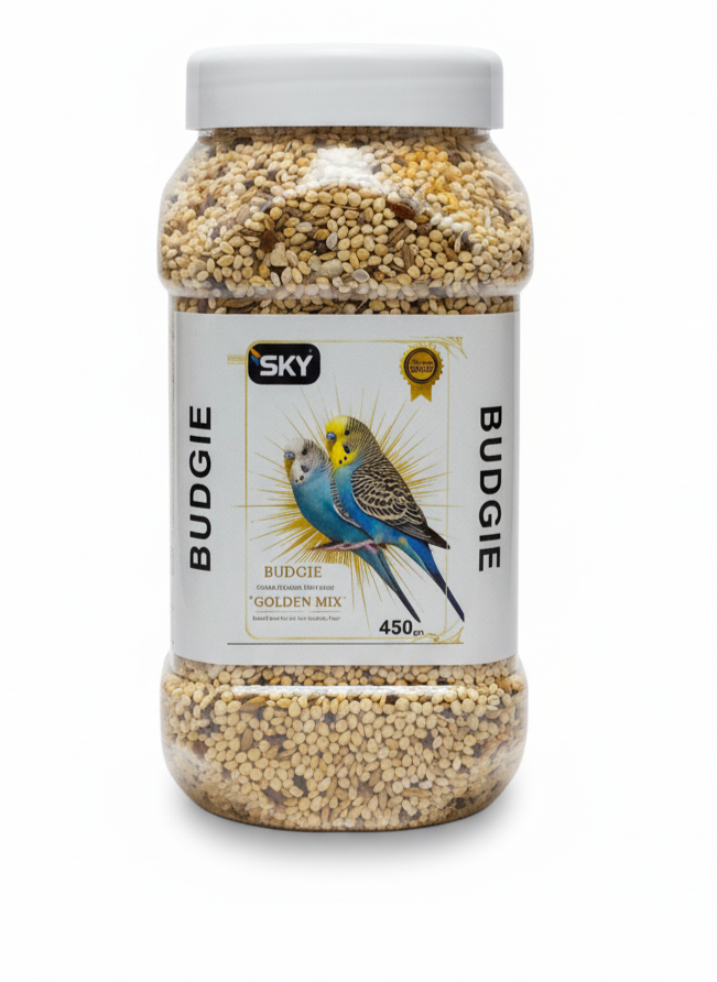 Bird seed jar with a label on a white background