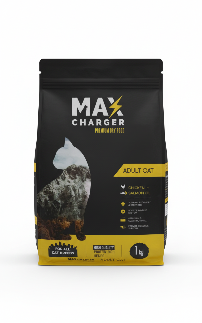 Max Charger Premium dry food for adult cat with chicken and salmon oil 1 K