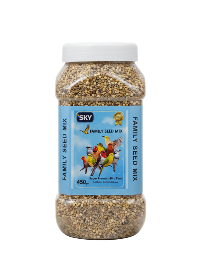 Jar of family seed mix with a blue label on a white background
