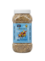 Jar of family seed mix with a blue label on a white background