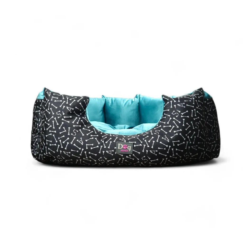 Petmoda Bone Pattern Medium Bed Black and Light Blue Plush for Dog 65*50