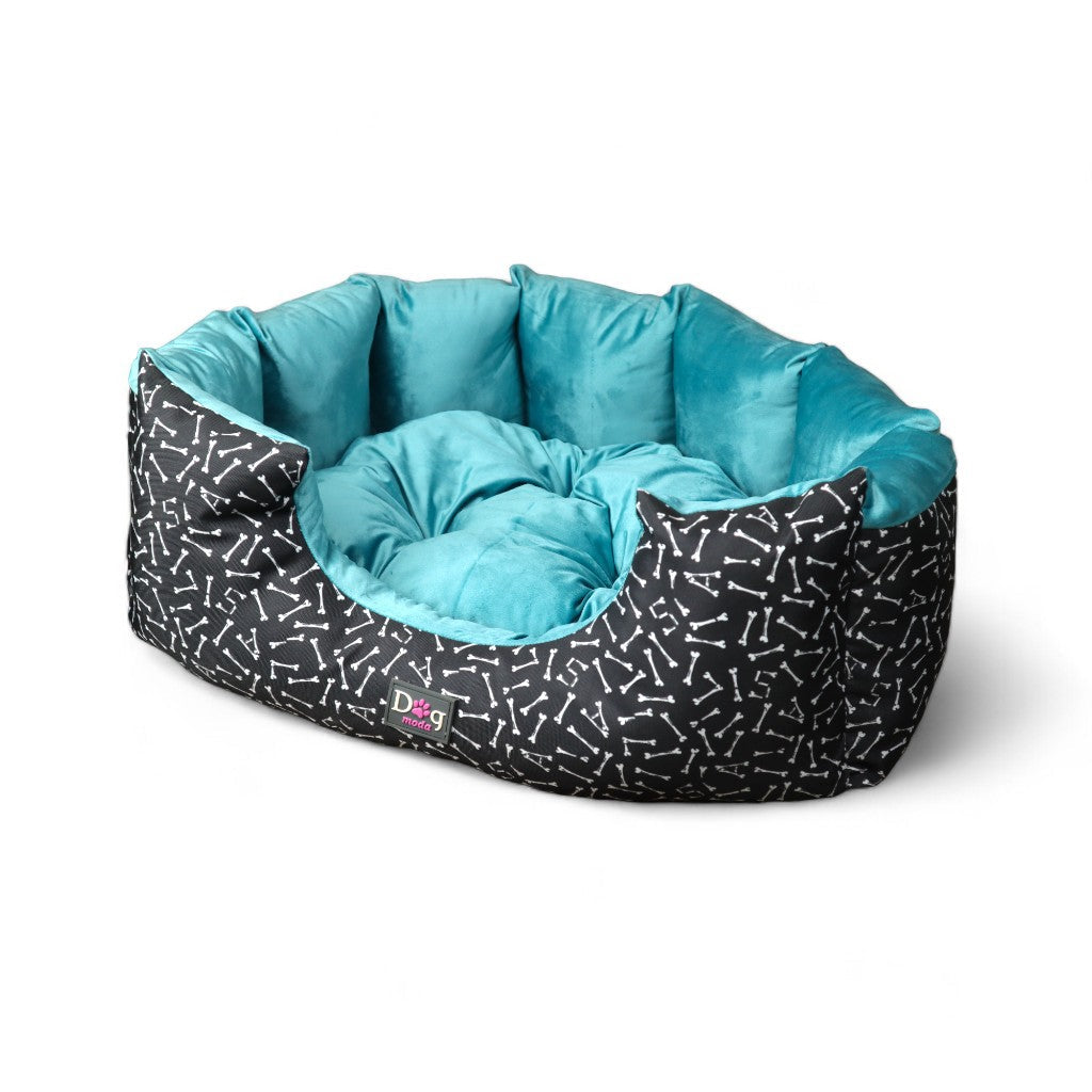 Petmoda Bone Pattern Medium Bed Black and Light Blue Plush for Dog 65*50