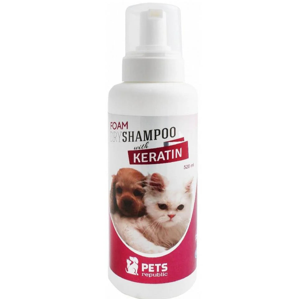 Pet shampoo bottle with a cat and dog on the label against a white background